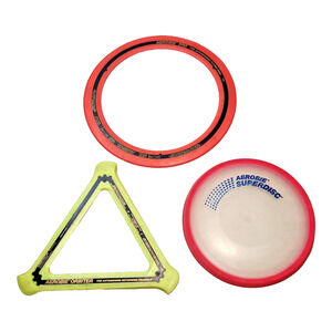 3 Aerobie Flying Frisbees Discs- Pro Ring, SuperDisc, Orbiter Triangle Boomerang